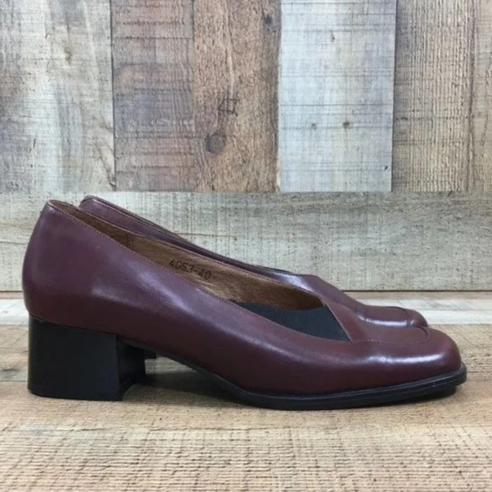 Yofi Dark Red Leather Loafer Block Heels Womens 40 Slip On Made in Israel